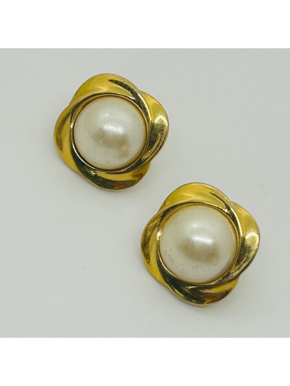 Trifari Earrings Faux Pearl Gold Tone Swirl Cabochon Statement Clip-On Vintage
